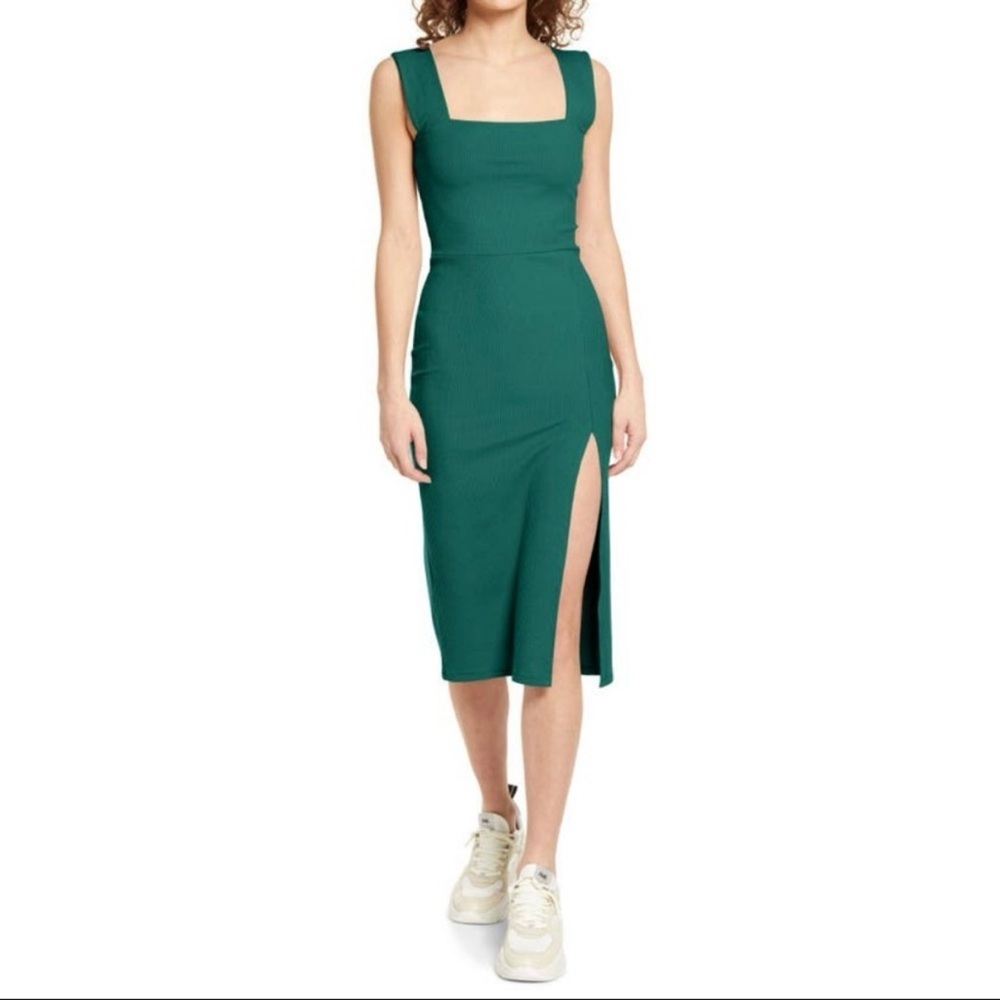 Reformation‎ Cassi Midi Side Slit Ribbed Knit Dress in Emerald Green Size Large